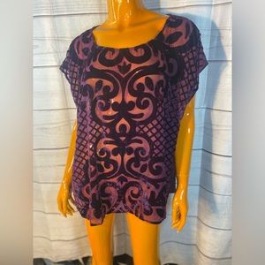 "Lane Bryant" Purple Designed High Low Top w/ Sheer Back (Sz: 14/16)